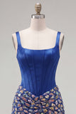 Vestido de Homecoming de Espartilho Bodycon Bodycon Azul-Escuro, Gola Quadrada, com Strass