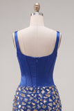 Vestido de Homecoming de Espartilho Bodycon Bodycon Azul-Escuro, Gola Quadrada, com Strass