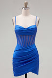Cetim azul real, corpete transparente, espartilho fino, alças finas, vestido de boas-vindas franzido