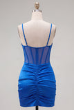 Cetim azul real, corpete transparente, espartilho fino, alças finas, vestido de boas-vindas franzido
