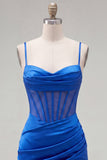Cetim azul real, corpete transparente, espartilho fino, alças finas, vestido de boas-vindas franzido