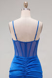 Cetim azul real, corpete transparente, espartilho fino, alças finas, vestido de boas-vindas franzido