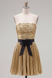Vestido de regresso a casa, A-Line Metálico Metálico Dourado Plissado, Franzado, com laço