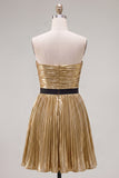 Vestido de regresso a casa, A-Line Metálico Metálico Dourado Plissado, Franzado, com laço