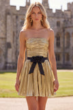 Vestido de regresso a casa, A-Line Metálico Metálico Dourado Plissado, Franzado, com laço