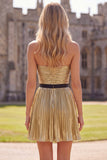 Vestido de regresso a casa, A-Line Metálico Metálico Dourado Plissado, Franzado, com laço