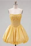 Espartilho amarelo A-Line Strapless transparente com rendas nas costas com pérolas