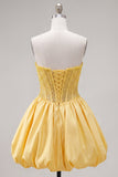Espartilho amarelo A-Line Strapless transparente com rendas nas costas com pérolas