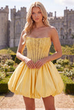 Espartilho amarelo A-Line Strapless transparente com rendas nas costas com pérolas