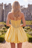 Espartilho amarelo A-Line Strapless transparente com rendas nas costas com pérolas