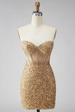 Bodycon dourado brilhante Bodycon Sweetheart Twin transparente Vestido de Lantejoulas Homecoming
