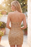 Bodycon dourado brilhante Bodycon Sweetheart Twin transparente Vestido de Lantejoulas Homecoming
