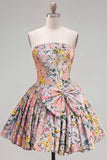 Espartilho cinzento A-Line Floral Jacquard sem alças vestido de regresso a casa, com laço