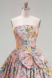 Espartilho cinzento A-Line Floral Jacquard sem alças vestido de regresso a casa, com laço