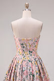 Espartilho cinzento A-Line Floral Jacquard sem alças vestido de regresso a casa, com laço