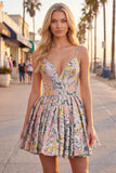 Vestido Curto de Regresso a Casa Cinzento Cinzento Floral Strap A-Line