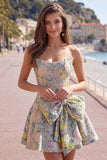 Vestido Curto de Regresso a Casa Cinzento Jacquard Cinzento Linha A-Line Sem Alças com Laço