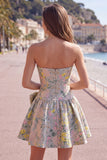 Vestido Curto de Regresso a Casa Cinzento Jacquard Cinzento Linha A-Line Sem Alças com Laço