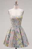 Vestido de regresso a casa, Cinzento de decote quadrado com decote quadrado e linha A, Espartilho Floral Jacquard