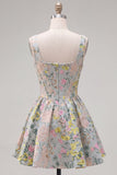 Vestido de regresso a casa, Cinzento de decote quadrado com decote quadrado e linha A, Espartilho Floral Jacquard