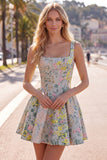 Vestido de regresso a casa, Cinzento de decote quadrado com decote quadrado e linha A, Espartilho Floral Jacquard