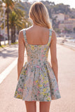 Vestido de regresso a casa, Cinzento de decote quadrado com decote quadrado e linha A, Espartilho Floral Jacquard