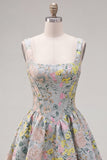 Vestido de regresso a casa, Cinzento de decote quadrado com decote quadrado e linha A, Espartilho Floral Jacquard
