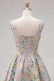 Vestido de regresso a casa, Cinzento de decote quadrado com decote quadrado e linha A, Espartilho Floral Jacquard