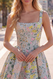 Vestido de regresso a casa, Cinzento de decote quadrado com decote quadrado e linha A, Espartilho Floral Jacquard