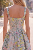 Vestido de regresso a casa, Cinzento de decote quadrado com decote quadrado e linha A, Espartilho Floral Jacquard