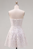 Vestido Curto de Regresso a Casa Branco Branco Linha A-Line Floral em Renda Pérola Curto com Laço