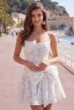 Vestido Curto de Regresso a Casa Branco Branco Linha A-Line Floral em Renda Pérola Curto com Laço