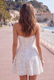 Vestido Curto de Regresso a Casa Branco Branco Linha A-Line Floral em Renda Pérola Curto com Laço