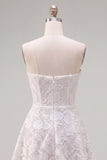 Vestido Curto de Regresso a Casa Branco Branco Linha A-Line Floral em Renda Pérola Curto com Laço