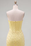 Vestido de Homecoming Bodycon Bodycon Espartilho Amarelo Amarelo Sem Alças