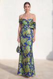 Vestido de Mãe da Noiva Verde Marinho Verde Azul-marinho Jacquard Floral Largo