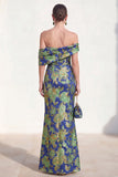 Vestido de Mãe da Noiva Verde Marinho Verde Azul-marinho Jacquard Floral Largo