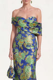 Vestido de Mãe da Noiva Verde Marinho Verde Azul-marinho Jacquard Floral Largo