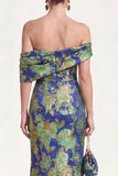 Vestido de Mãe da Noiva Verde Marinho Verde Azul-marinho Jacquard Floral Largo