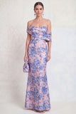Vestido de Mãe da Noiva Verde Marinho Verde Azul-marinho Jacquard Floral Largo