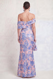 Vestido de Mãe da Noiva Verde Marinho Verde Azul-marinho Jacquard Floral Largo