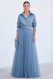 Vestido A-Line Cinzento Azul Tulle Longo Mãe da Noiva com cinto