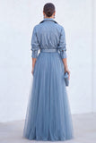Vestido A-Line Cinzento Azul Tulle Longo Mãe da Noiva com cinto