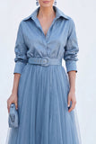 Vestido A-Line Cinzento Azul Tulle Longo Mãe da Noiva com cinto