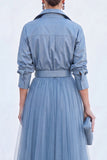 Vestido A-Line Cinzento Azul Tulle Longo Mãe da Noiva com cinto