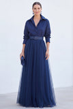 Vestido A-Line Cinzento Azul Tulle Longo Mãe da Noiva com cinto