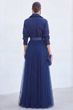 Vestido A-Line Cinzento Azul Tulle Longo Mãe da Noiva com cinto
