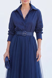 Vestido A-Line Cinzento Azul Tulle Longo Mãe da Noiva com cinto