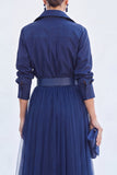 Vestido A-Line Cinzento Azul Tulle Longo Mãe da Noiva com cinto