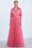 Vestido A-Line Cinzento Azul Tulle Longo Mãe da Noiva com cinto